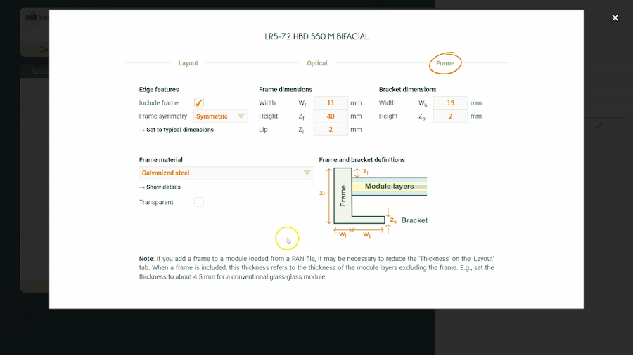 Adding a frame to a simple module in SunSolve Yield